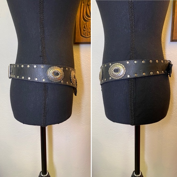 Vintage Western Studded Concho Belt Black Leather Southwestern Cowgirl Boho M/L - Picture 4 of 11